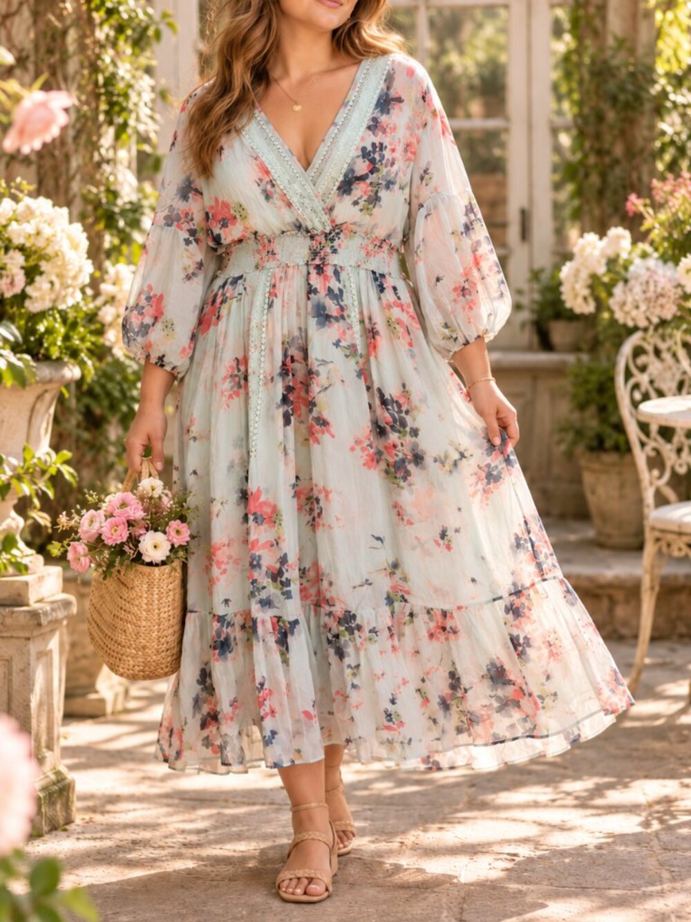 Sundance Floral Cupro Lace Trim Smocked Waist Boho Maxi Dress L